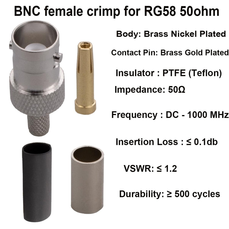 BNC Female Crimp Connector 50 Ohm BNC Connector Female for RG58 LMR195 RG142 RG223 Cable Pack 5