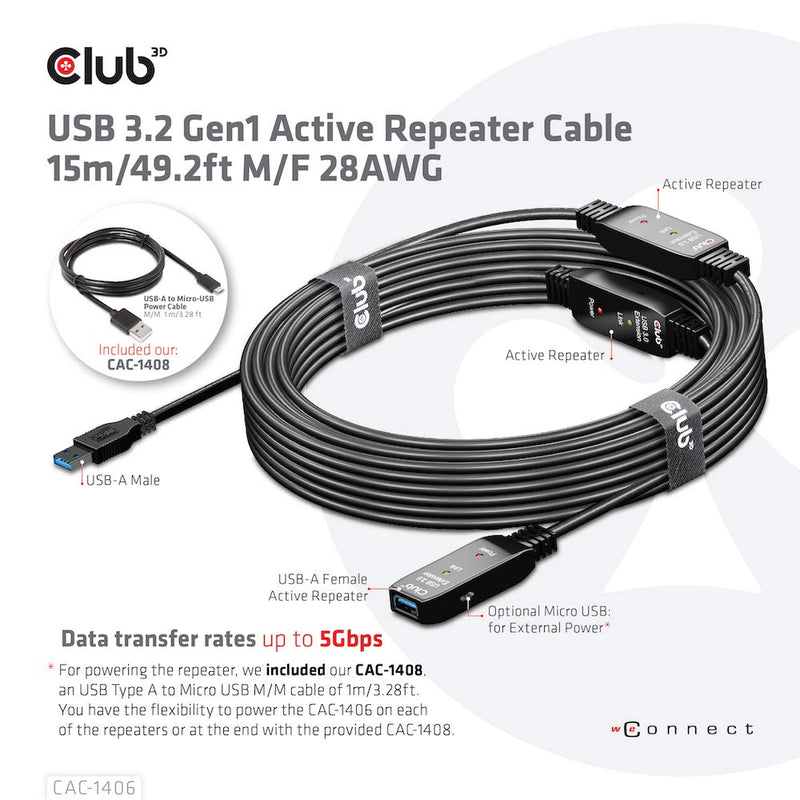 Club 3D CAC-1406 USB 3.2 Gen1 Active Repeater Cable 15m / 49.2ft M/F 28AWG