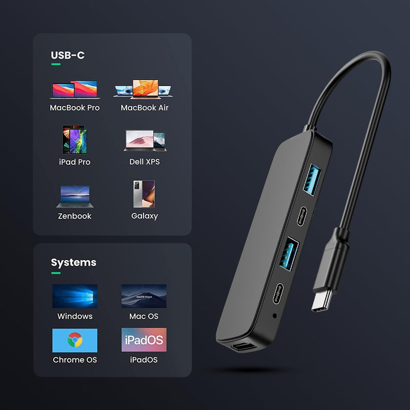 5-Port USB 3.0 Hub with 4K HDMI - Dual USB-A/C, 5Gbps Data Transfer for MacBook Pro/Air, iPad Pro, iPhone 15, iMac, XPS, ThinkPad & More - Ideal for Flash Drives & Portable Hard Disks (Tpcy-C)
