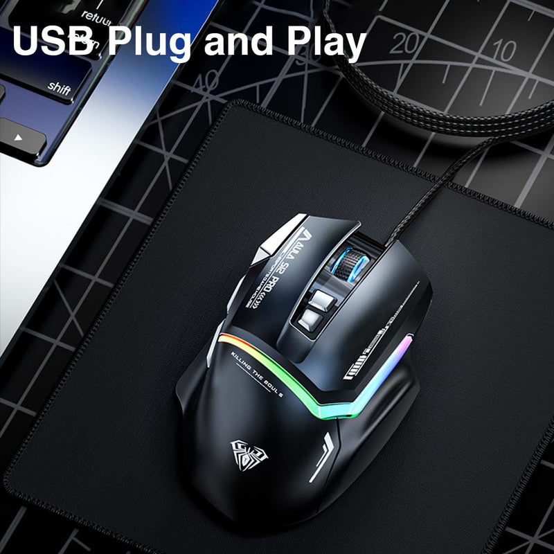 AULA S12Pro White Wired Gaming Mouse,12800 DPI Optical Gamer Mouse with RGB Backlit,8 Programmable Buttons,Software Supports DIY Keybinds Rapid Fire Button S12Pro-white