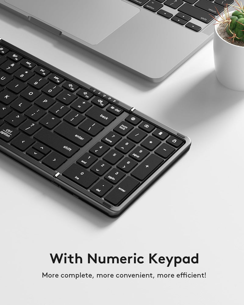 Samsers Foldable Bluetooth Keyboard with Numeric Keypad, Full-Size Wireless Folding Keyboard with PU Leather, Portable Travel Keyboard for iOS Android Windows Mac OS, Support 3 Device(BT5.1 x 3) Space Gray