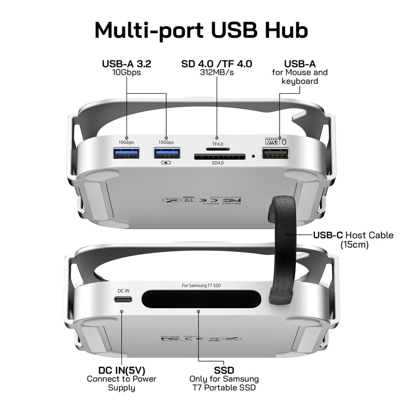 M-ac Mini M4 Dock with 4TB Sam-Sung T7 Portable SSD Enclosure(SSD NOT Included), 7-in-1 Aluminum Hub & Stand for Mac mini M4 and M4 Pro 2024, 10Gbps USB A 3.2, 15CM USB C Cable, SD/TF 4.0 Card Reader