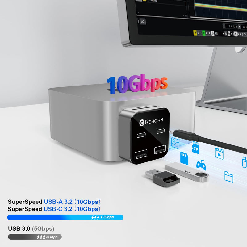 Mac mini M4 Dock | 6-Port Mac mini Hub with Dual 10Gbps Adapters, 2 * 10G USB-C, 2 * 10G USB-A/SD TF 3.0 Card Reader | High-Speed Data Transfer & Multi-Device Connectivity for Mac mini M4 and M4 Pro