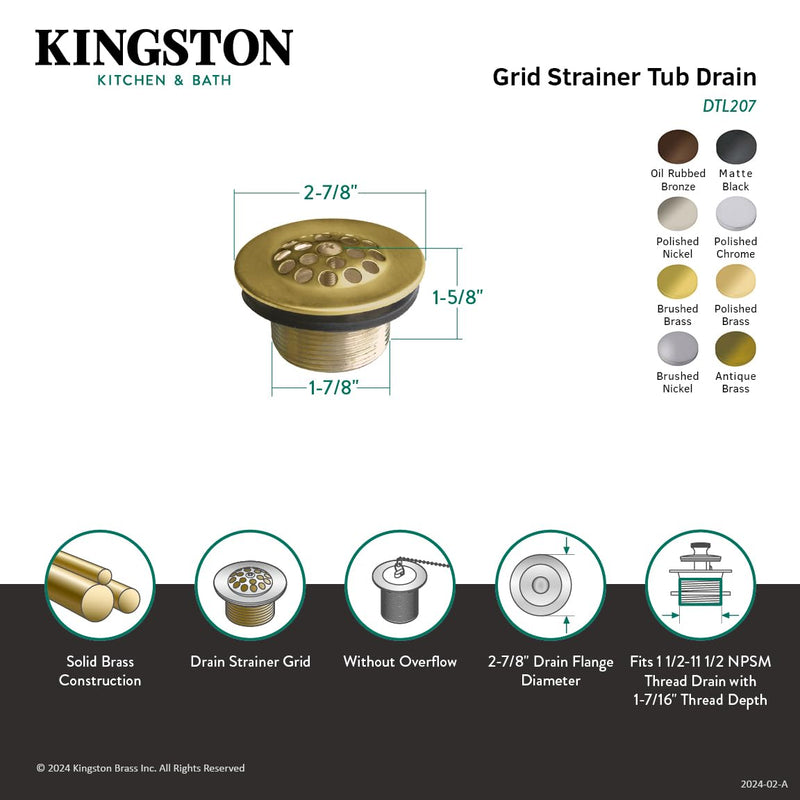 Kingston Brass DTL201 Bath Tub Drain Strainer and Grid, Polished Chrome