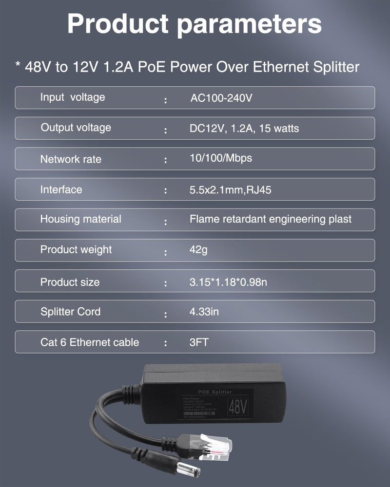 PoE Splitter 48V to 12V Ethernet Powerline Adapter,Power Over Ethernet Adapter,IEEE 802.3af/at Standard Compliant for IP Phone/WiFi/Security Cameras/POE Switches with 3FT Cat 6 Cable