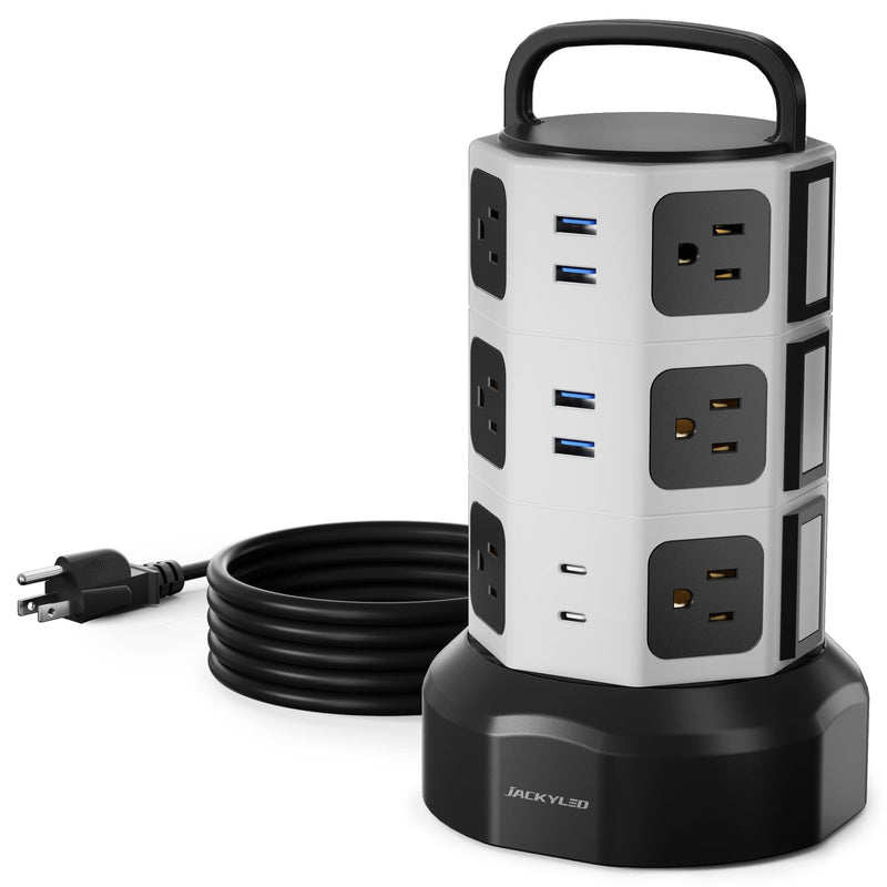 【10ft】 Power Strip Tower JACKYLED Surge Protector Electric Charging Station with 13A 12 Outlets 6 USB Ports Heavy Duty Extension Cord for Home Office Computer Nightstand Laptop Phone White Black Medium-10ft