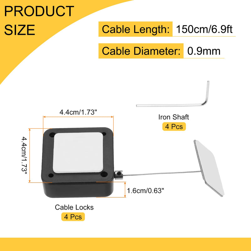 MECCANIXITY 4.9 ft Retractable Cable Lock with Adhesive Square Patch Remote Control Security Lock with Adjustable Cord Tether Anti Theft for Laptop, TV, 600g, Black, 4 Pack 4.9ft