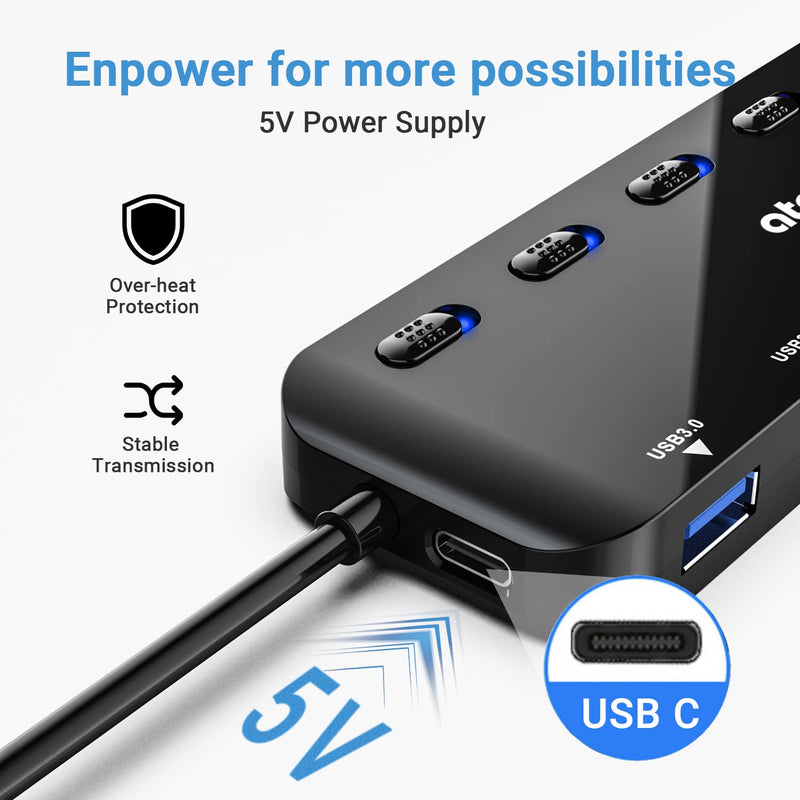 atolla 7-Port USB 3.0 Hub Splitter, USB Extender Ultra Slim Data USB Hub with Individual Power Switch and LEDs Black