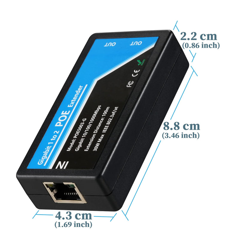 Revotech Gigabit 2 Port POE Extender, IEEE 802.3af/at PoE+ Standard, 10,100,1000Mbps, POE Repeater 100 Meters(328 ft), Extender 1 in 2 Out, Power Supply for PoE Camera/PoE Device (POE5003-G)