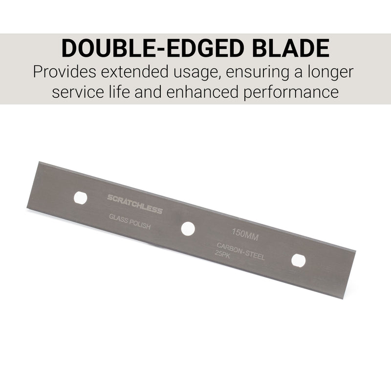 Glass Polish 6 inch (150mm) Pack of 25 Carbon Steel Scraper Blades, Double-Edged Blades for SCRATCHLESS Glass Scraper - GP15044