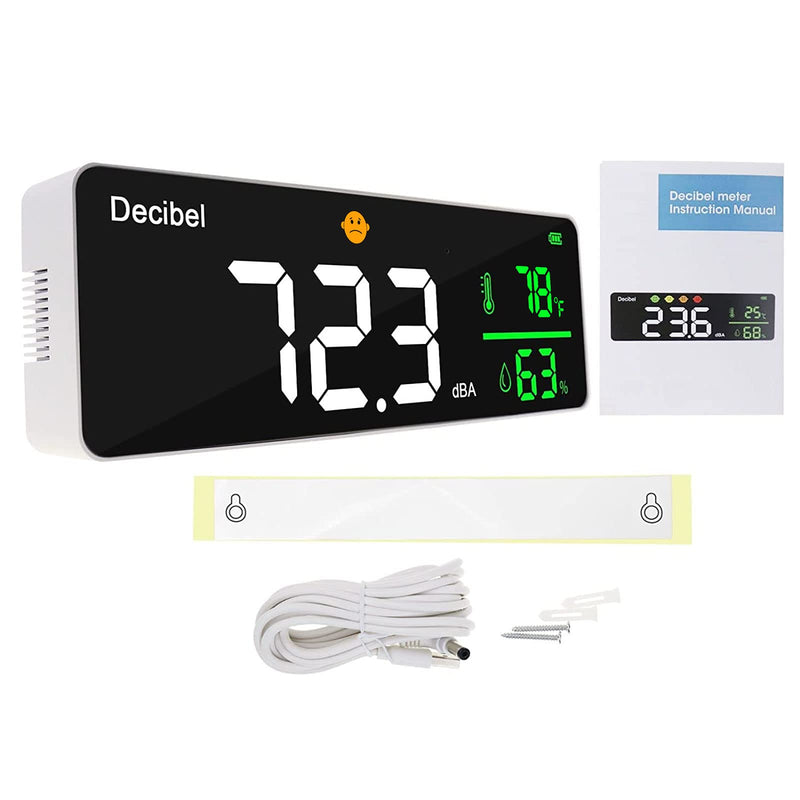 Decibel Meter, Wall Sound Level Meter, 28 cm Large LED Display, Noise Temperature and Humidity Meter with Alarm Symbols, Wide Applications for Classroom, Studio, Home, Factory