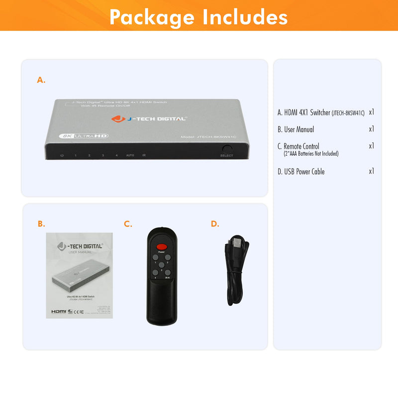 J-Tech Digital HDMI Switch 4K 120hz, 2.1 Switch 4 in 1 Out, 8K 60Hz 1080P 240Hz IR Remote Auto Switch USB C Power Cable, Compatible with HDR & Dolby Vision ALLM VRR QFT [JTECH-8KSW41C] 8K 4X1 HDMI Switch
