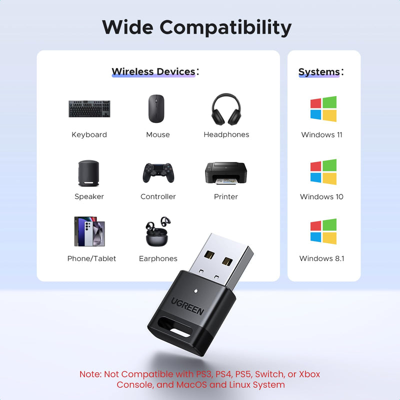 UGREEN USB Bluetooth Adapter for PC Bluetooth 5.4 Dongle Receiver EDR & BLE, Plug & Play Supports Windows 11/10/8.1, for Desktop, Laptop, Headphone,Keyboard,Mouse, Speakers,Printer