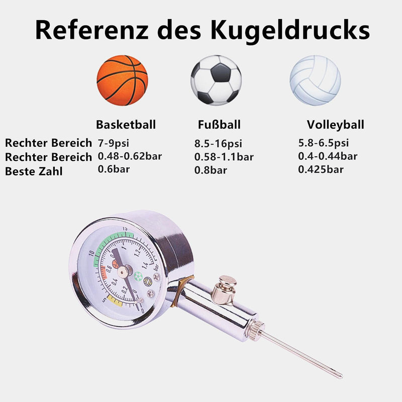 Precision Ball Pressure Gauge Professional Air Pressure Gauge for Football, Basketball, Volleyball & Rugby - Robust Metal Casing, Clear Display (0-20 PSI/0-1.4 Bar) - Includes Needle for All Ball Valves