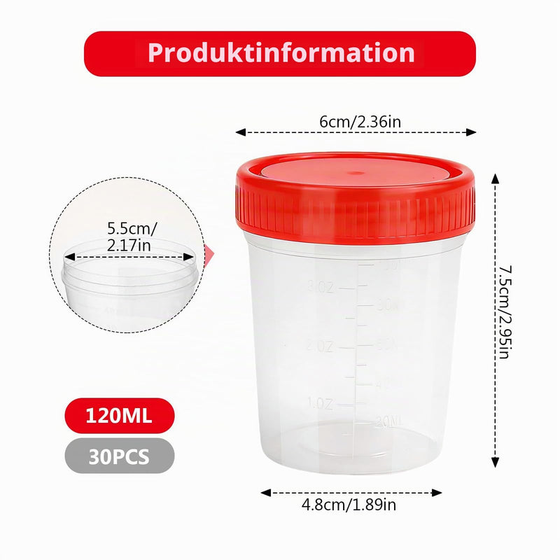 Pack of 30 Sample Cups with Screw Lid, 120 ml Graduated Urine Cup with Lid Urine Sample Cup Sample Container Urine Container for Kitchen Crafts Medicine Urine Samples
