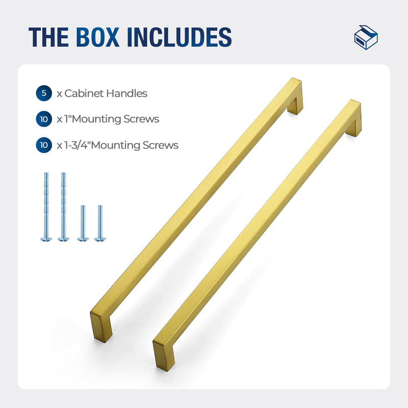 JOY DECOR 5 Pack Cabinet Handles, Gold Cabinet Pulls, 12-3/5 Inch Kitchen Handles Square Drawer Pulls Stainless Steel Drawer Hardware Handles, 320mm Hole Centers 12-3/5 Inch Hole Center