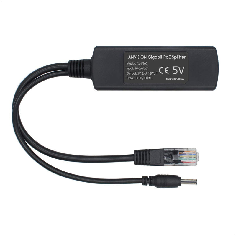 ANVISION 5V Gigabit PoE Splitter, 48V to 5V 2.4A Adapter, Plug 3.5mm x 1.35mm, 5.5mm x 2.1mm Connector, IEEE 802.3af Compliant, for IP Camera and More