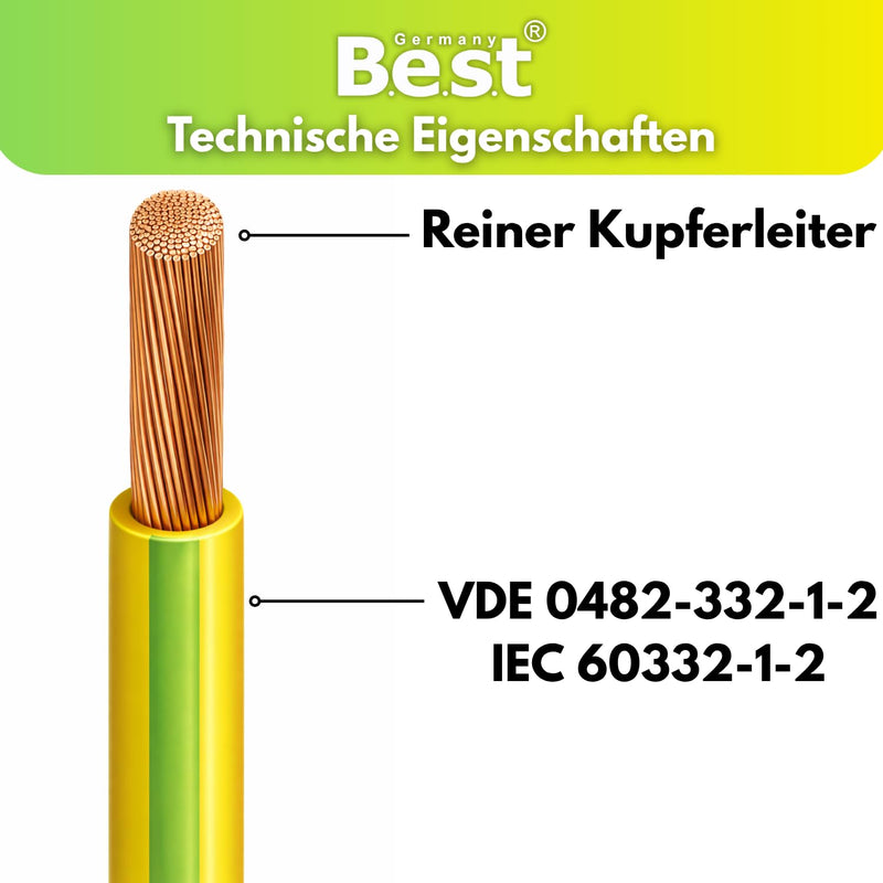 Grounding Cable 10 m 6 mm² Green/Yellow Flexible - PVC Core Cable H07V-K for PV Systems, Wiring Cable, Installation Cable, Fine Wire Copper Wire, Protective Conductor NYAF, Durable & Heat Resistant | Flexible H07V-K Kupferlitze 6mm² für Potentialausgle...