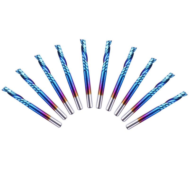 SainSmart Genmitsu 10Pcs Nano Blue Coat Flat Nose End Mill CNC Router Bits, 1/8" Shank Spiral Upcut Single 1 Flute End Mill Set (3.175 x 17 x 38mm) 3.175mm Set (1-Flute Flat Nose)