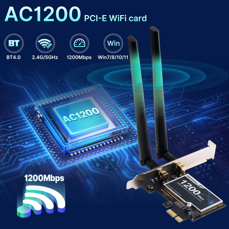 PCE-AC1200 PCIe WiFi Card,Dual Band Wi-Fi(2.4GHz + 5GHz) with High Gain Antennas Beamforming PCIE WiFi Bluetooth Card for Desktop Gaming Office Compatible with Windows 11/10/8/7