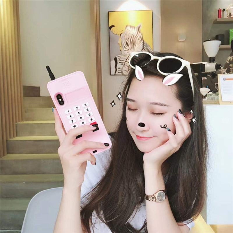 UnnFiko 3D Silicone Case Compatible with iPhone 14 Pro, Retro Classic Creative Soft Rubber Bumper Cover Cool Fun Thick Protective Stand Case (Retro Cellphone Pink, iPhone 14 Pro) Retro Cellphone Pink