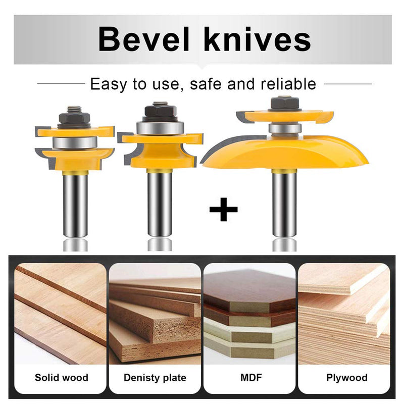 OLETBE 3 PCS Router Bit Set, 1/2-Inch Shank Round Over Cove Raised Panel Cabinet Door Rail and Stile Router Bits, Woodworking Wood Cutter, Wood Carbide Groove Tongue Migue Milling Tool(T-VB1) T-VB1