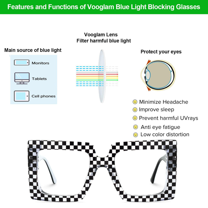 VOOGLAM Oversize Square Blue Light Glasses for Women Anti Eyestrain Dry Eyes Computer Phone TV Eyewear Ferial Black Clear