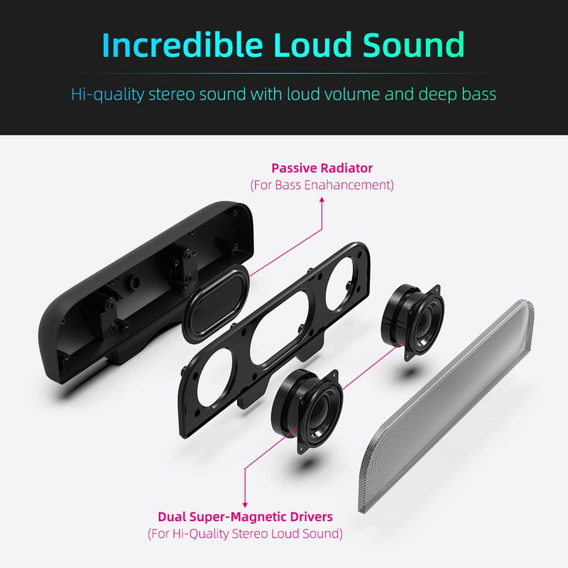 [Upgraded] Computer Speakers for Desktop PC | Monitor Speakers | USB Plug-N-play External Speakers for Laptop, Small PC Soundbar with HD Sound, Loud Volume, Enhanced Bass – Easily Clamps to Monitors