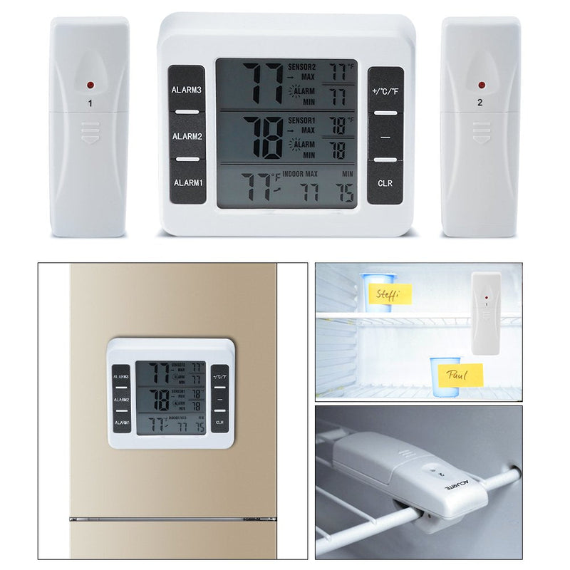 Fridge Thermometer, Digital Freezer Thermometer, with 2 sensors and Acoustic Alarm, Refrigerator Freezer Inside Outside Thermometers, for Kitchen Home Motorhome