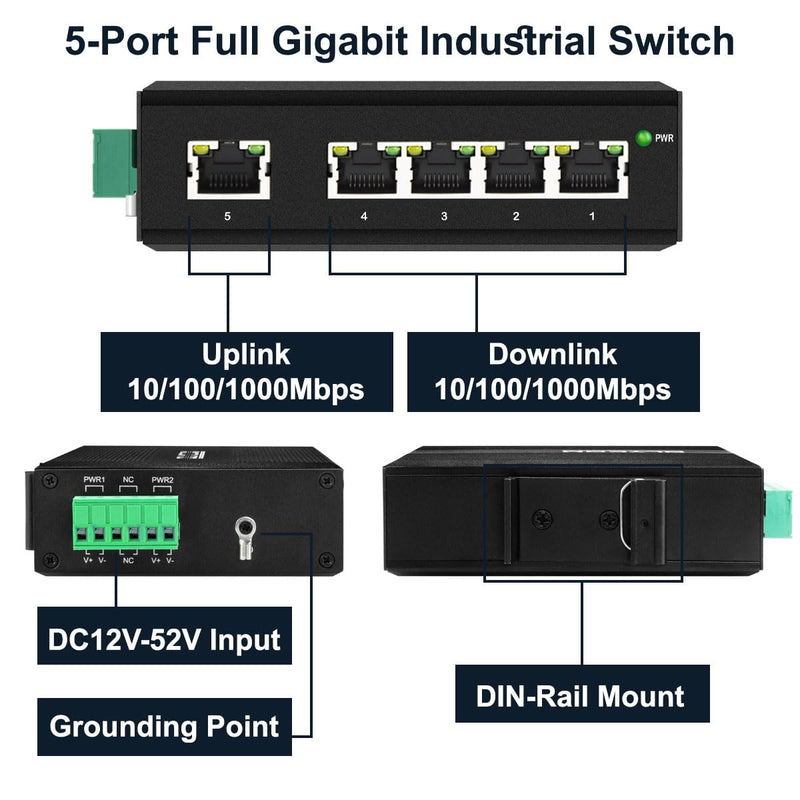 Mini Industrial 5 Ports Full Gigabit Switch Hardened 5 Port RJ45 10/100/1000Mbps Ethernet Switch Din Rail Mount (-40 to 167 ºF) with 10Gbps Switching Capacity 5port Gigabit Switch