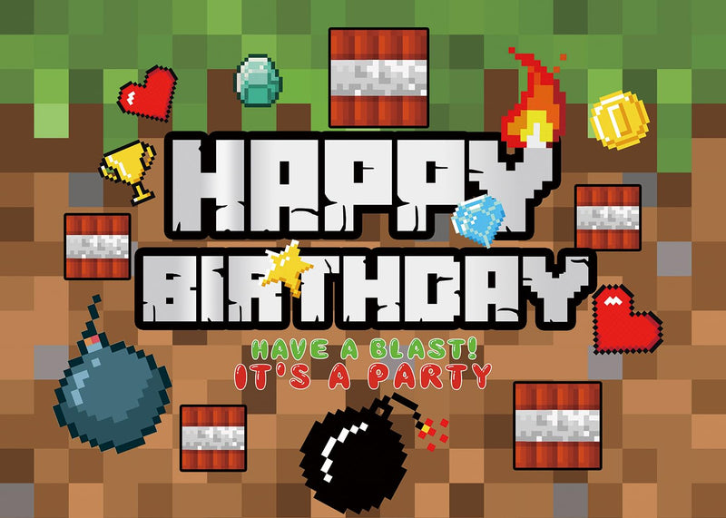 Pixel Happy Birthday Backdrop Video Game Themed Party Photography Background Kids Boy Birthday Video Gaming Battle Gamer Party Supplies Cake Table Decor Banner (7X5FT) 7X5FT