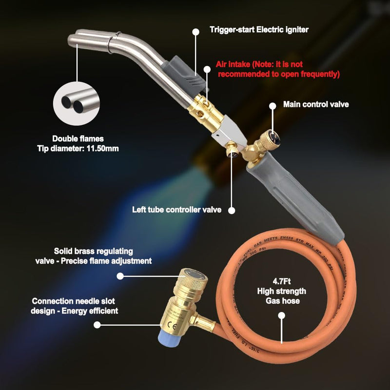 Double Heads Mapp Gas Torch Turbo with 5ft long Hose WT-10, Map Torch Turbo Tips Mapp Gas Propane Head Handheld