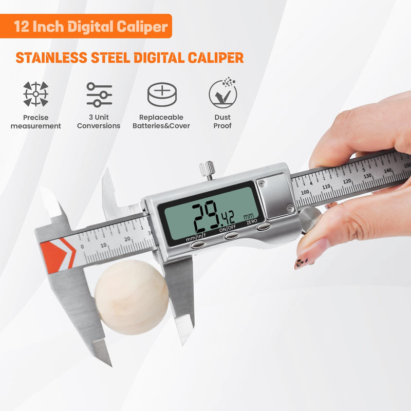 HARDELL 12" Digital Caliper, All-Metal Electronic Micrometer with Large LCD, Inch/Metric/Fraction Conversion, Precision Measuring Tool for Household & DIY (2 Batteries Included) 12 Inch
