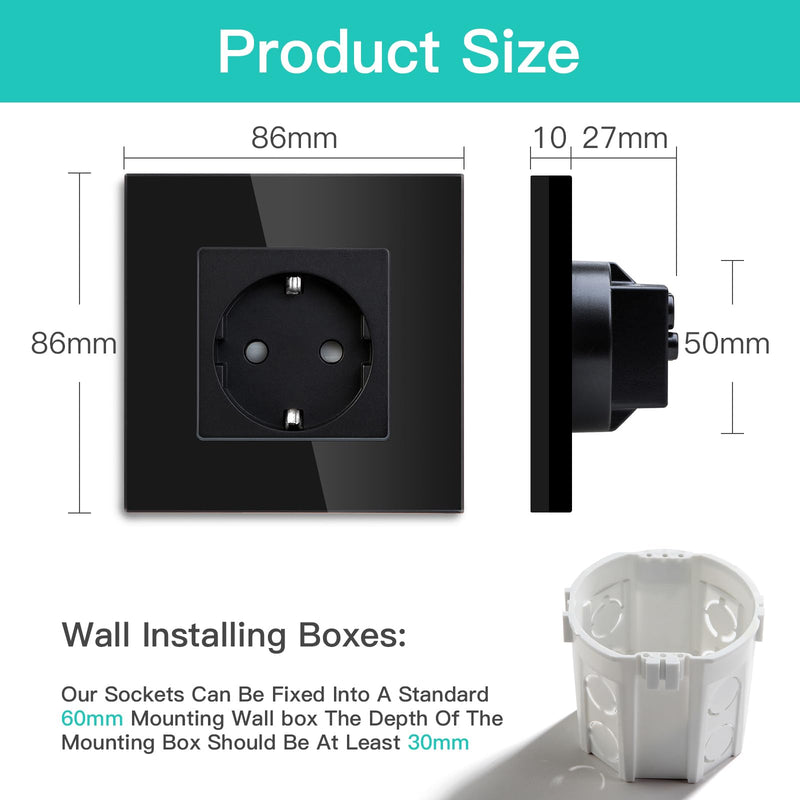 BSEED Schuko socket 1 compartment crystal glass plate socket glass flush-mounted single socket 16Amp socket 86mm extension sockets wall socket black