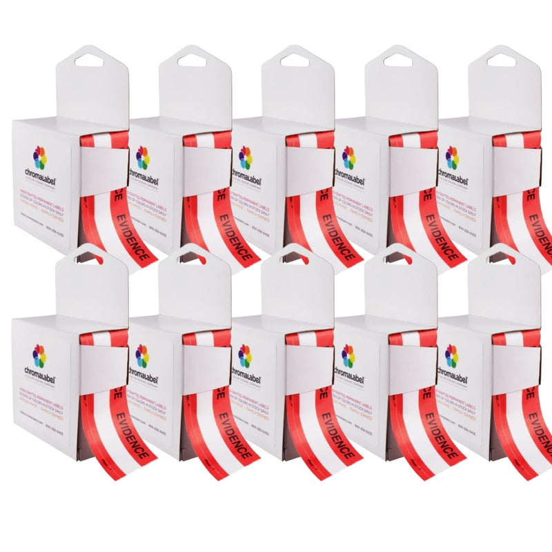 ChromaLabel 1.37 Inch Imprinted Evidence Tape Stickers, Tamper Evident Tape Crime Scene Decorations - 480 Inch Roll (13.33 Yards) with Dispenser Box, Red and White - Case of 10 1-3/8" Pack of 10
