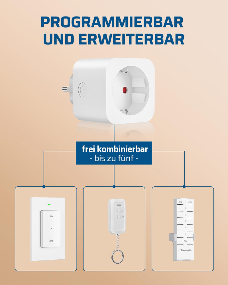 DEWENWILS wireless sockets with remote control, 16A 3680W, plug-in on/off wireless wall switch, no cable required, expandable light switch for holiday decoration, 30M range, pre-programmed, white