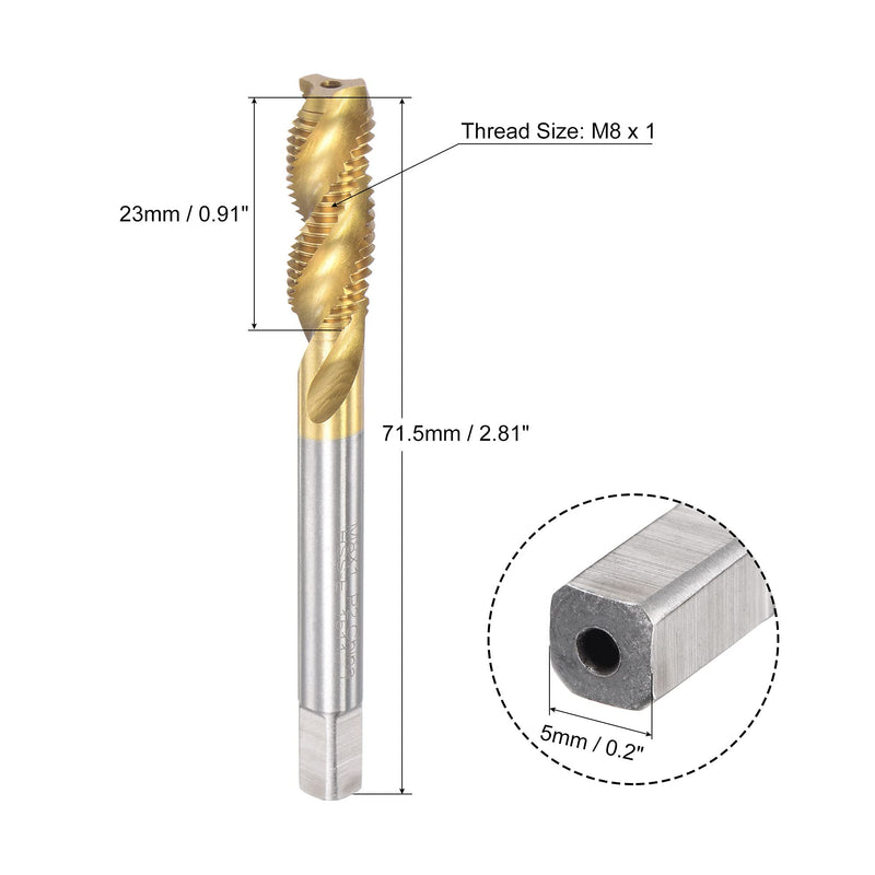 sourcing map Tap with Spiral Groove M8 x 1 High Speed Steel Titanium Coated Machine Tap 3 Flute Thread Cutting Tool H2 Tolerance