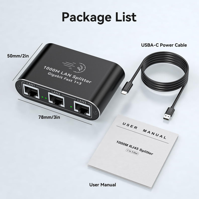 Ethernet Splitter 1 to 3 1000Mbps Internet Cable Splitter 1 in 3 Out High Speed Either Network Splitter Gigabit Dual LAN RJ45 Port Router Switch Work with Cat6/7/8 Cable Ethernet Splitter 1 to 3