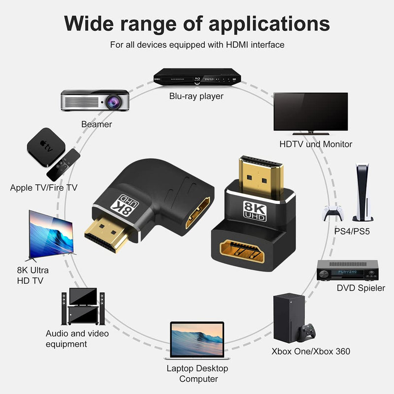 4 Pack 8K HDMI 2.1 Male to Female Adapter Connector Up Down Left Right Angle 90 270 Degree Gold Plated Support 8K@60Hz,4K@120Hz,HDR,eARC for PC Laptop HDTV Switch PS4 PS5 Up/Down & Left/Right Angle