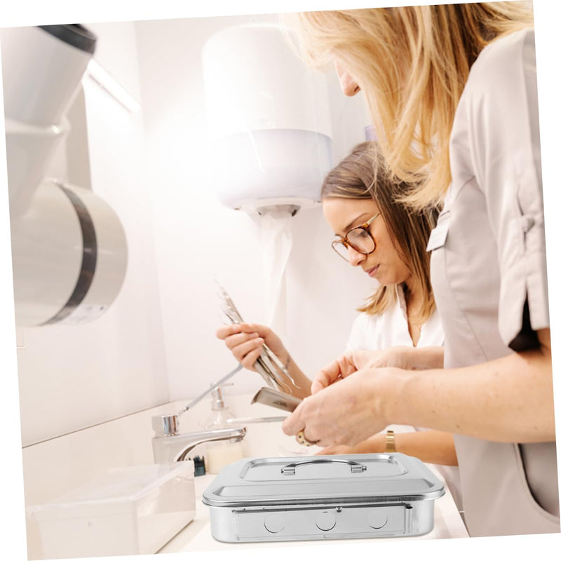 FRCOLOR Stainless Steel Disinfectant Box with Lid - Instrument Tray for Sterilisation Storage Professional Disinfectant Tray for Thermometer Medical Tools Hairdresser 24X15CM silver