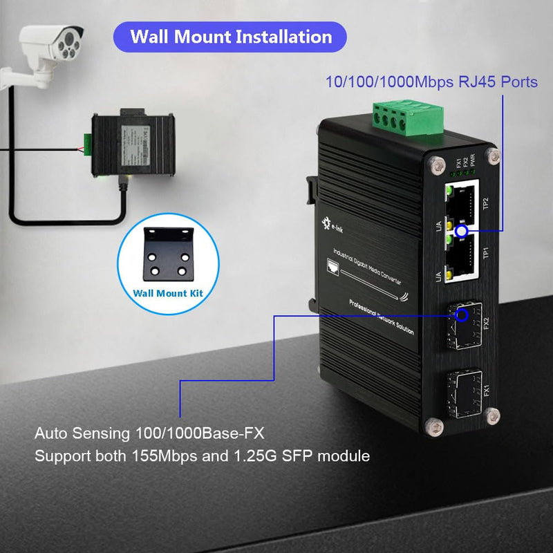 Mini Industrial Gigabit Media Converter - Din Rail Mount Hardened 10/100/1000Mbps Ethernet to SFP Fiber Converter Switch With 2 RJ45 and 2 SFP Ports 2RJ45+2SFP Switch