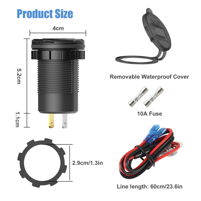 2 PACK 12 Volt USB Outlet Dual Quick Charge 3.0 Port and PD3.0 USB C Car Battery Chargers Socket, Waterproof 12V Power Outlet Cigarette Lighter Replacement DIY Kit with Voltmeter and Switch