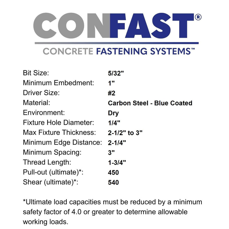 CONFAST 3/16" x 4" Blue Flat Phillips Concrete Screw Anchor with Drill Bit for Anchoring to Masonry, Block or Brick (100 per Box) 3/16" x 4"