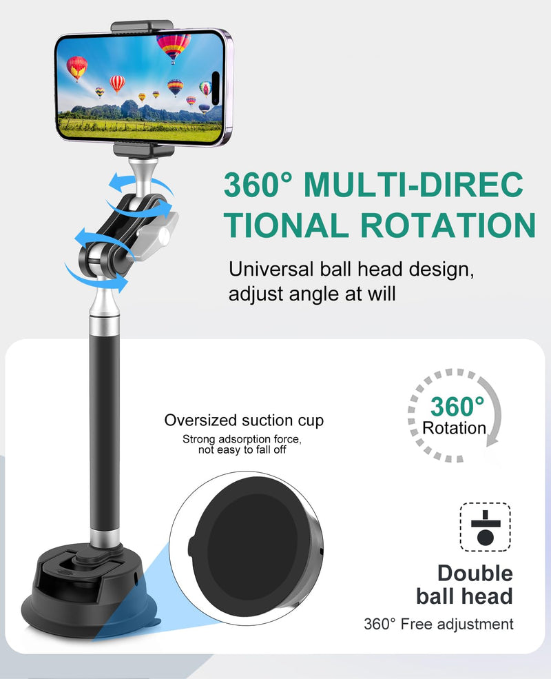 PULUZ Magnetic Cell Phone Car Suction Cup Mount，360°Adjustable Double Ball Head Car Suction Cup Holder with Phone Clamp and Action Camera Mount Adapter Use for Windshield Auto Suction Cups Camera & Phone Suction Cup Mount B