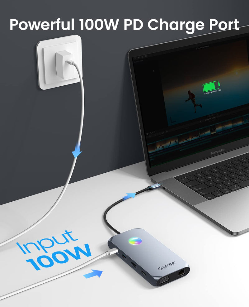 Docking Station USB C to Dual HDMI Adapter, ORICO 12 in 1 RGB USB C Hub with Dual HDMI, VGA, 100W PD, Ethernet, 4 USB Ports, SD/TF, Audio, 14 RGB Lighting Modes, Compatible for Windows/Mac OS（Grey） X1 Grey
