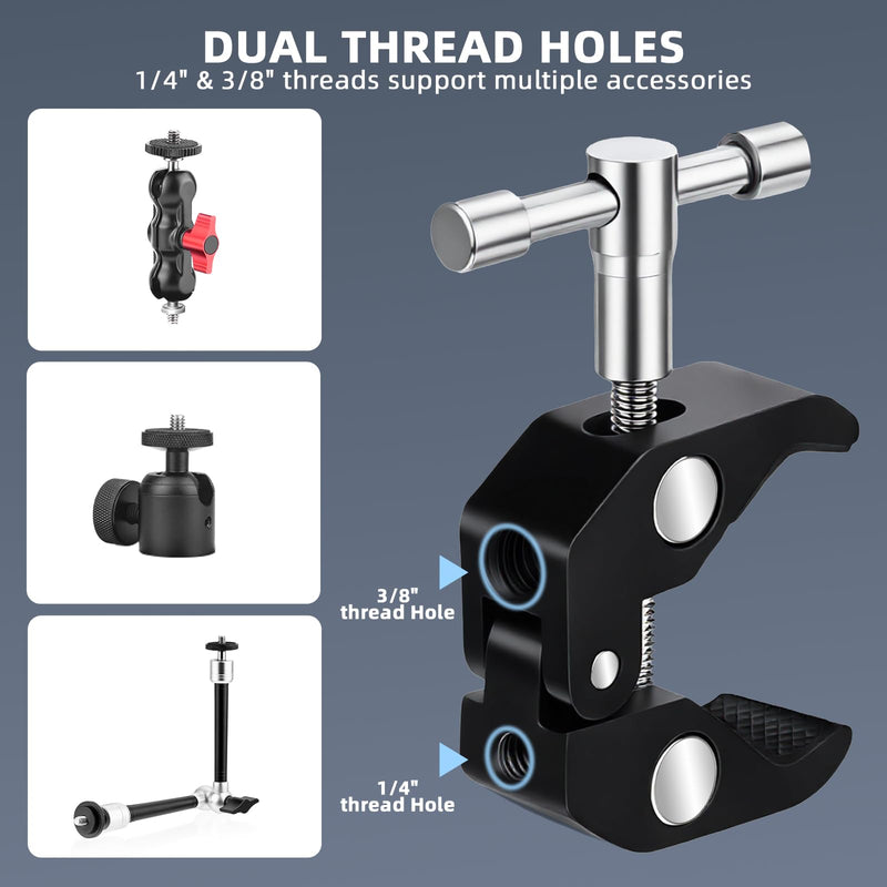 BRDRC Magic Arm Clamp Mount, 9.8" Articulating Extension Arm with 1/4" and 3/8" Thread, with Cold Hot Shoe Adapter, Phone Holder for Tripod DSLR Camera Cage LCD Monitor LED Light Accessories