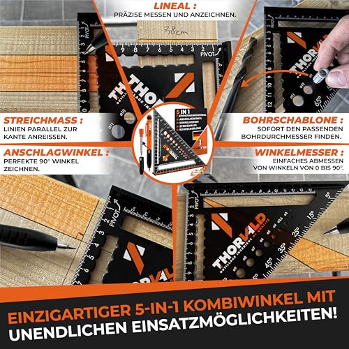 THORVALD Zimmermannswinkel 5-in-1 - Protractor Try Square + Deep Hole Marker - Aluminum Angle with 180 mm Side Length for Precise Marking & Drawing / Multifunctional Perfect to Save Time Angle 180 mm + pencil