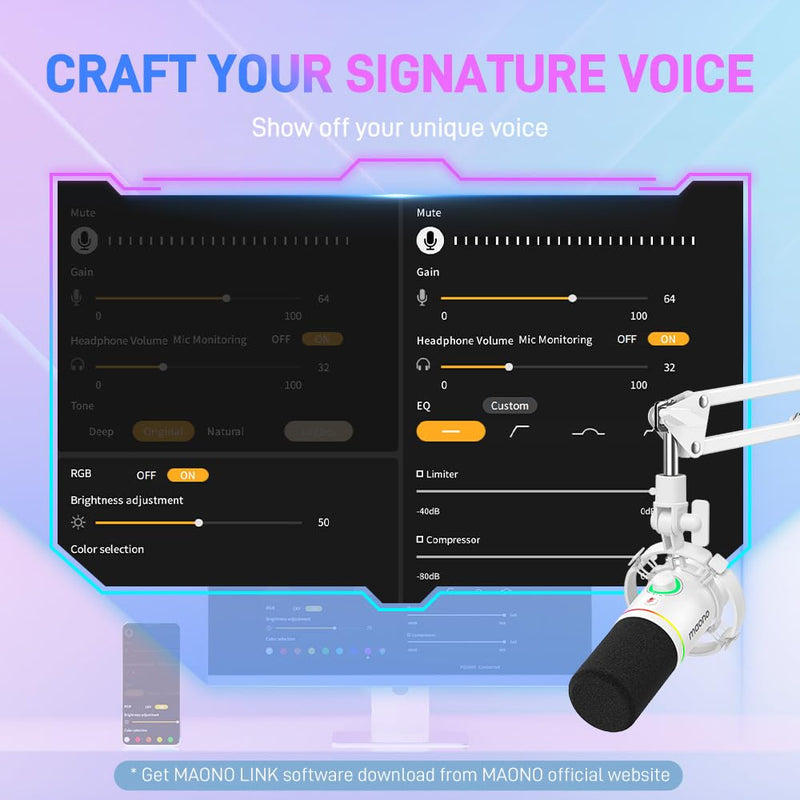 MAONO XLR/USB Dynamic Microphone, RGB Gaming Mic with Software, Mute, Gain Knob, Volume Control and Headphone Jack for Streaming, Podcasting, Recording-PD200X (White) White