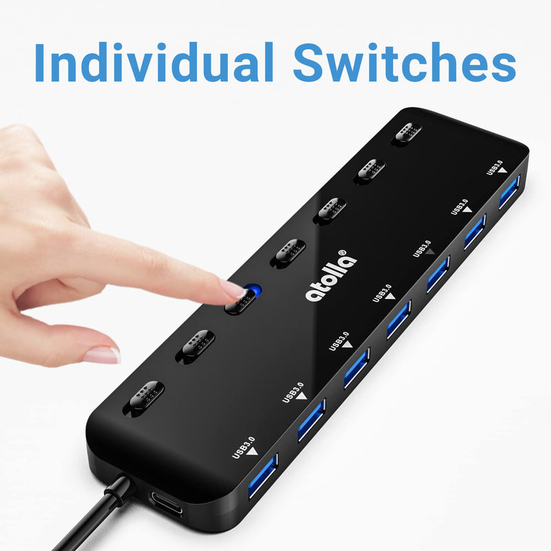 atolla 7-Port USB 3.0 Hub Splitter, USB Extender Ultra Slim Data USB Hub with Individual Power Switch and LEDs Black