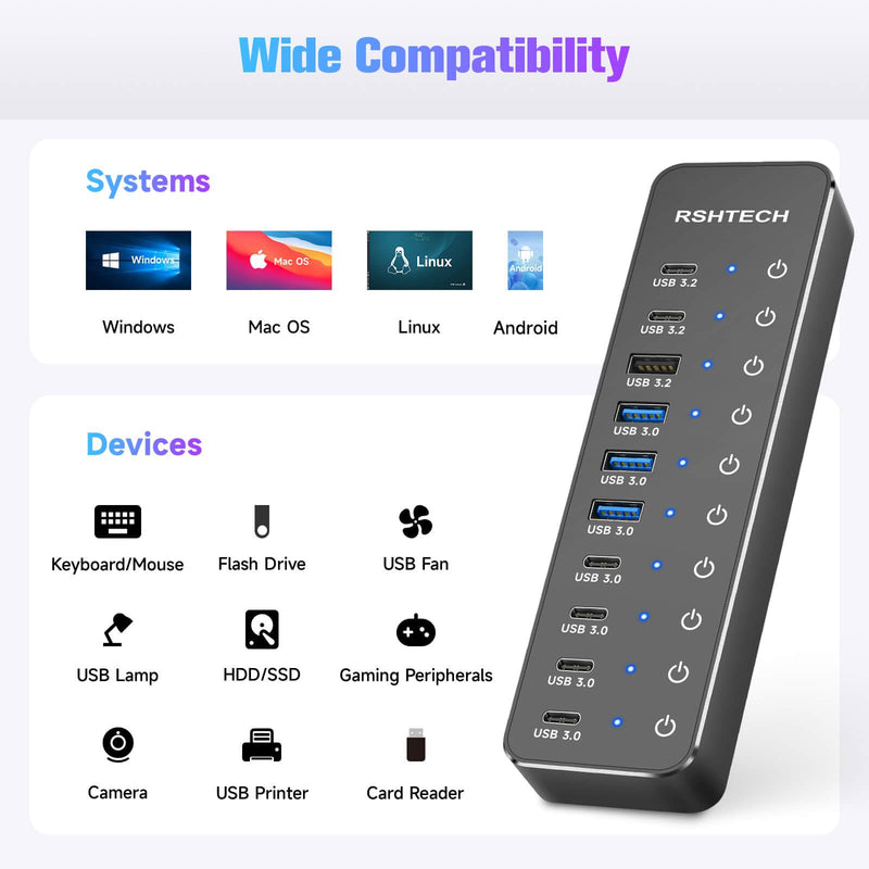 RSHTECH 10 Ports Powered USB 3.2/USB C Hub Splitter 60W with 3 x 10Gbps USB 3.2 Ports (2C + 1A),7 x USB 3.0 Ports (4C +3A), 3.3ft Cable and Individual Touch Switches for Laptop PC